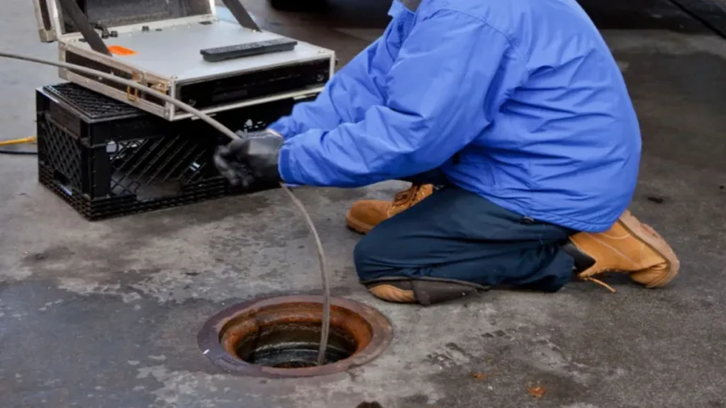 A technician in a blue jacket feeds a specialized inspection cable into an open sewer drain.