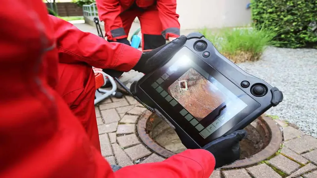 Professionals in red uniforms use a digital monitor to perform a detailed internal pipe inspection.