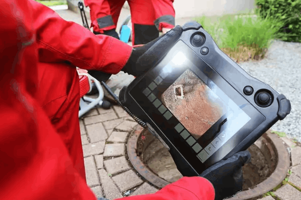 Camera Inspection.1 1 edited Technician performing cesspool camera inspection to detect pipe blockages and damage.